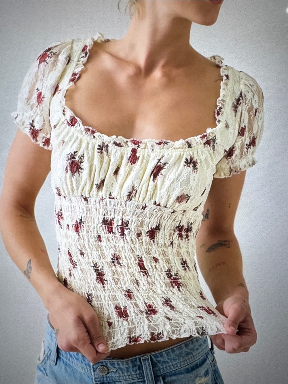 Urban Outfitters BDG Flora Lace Smocked Square Neck Milkmaid Blouse